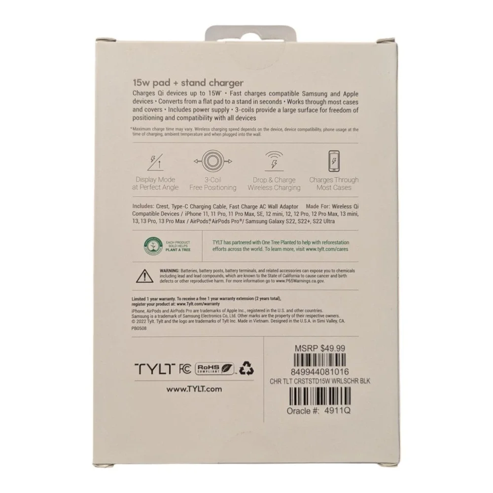 R5-N TYLT Crest 15W Pad + Stand Charger - Fast Charging - Black